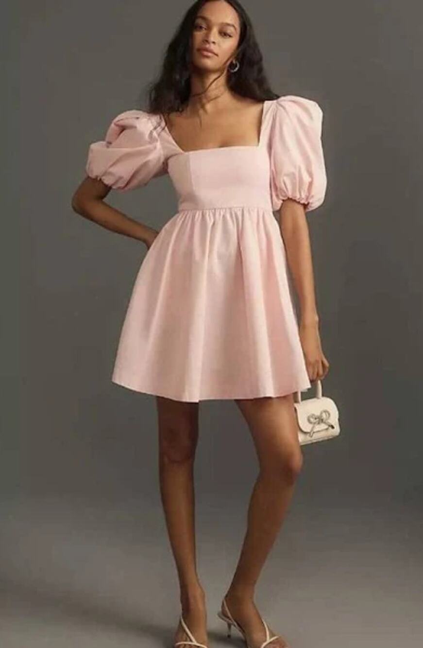 NWT Maeve Puff-Sleeve Pink Cotton Mini Dress - Small